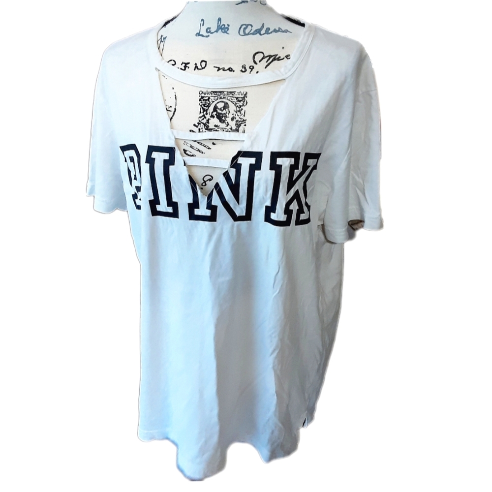 VS PINK COTTON T SHIRT CUT OUT FRONT BLACK LOGO ON FRONT SZ L
